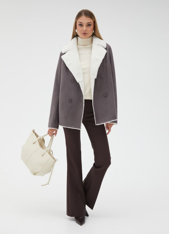 фото Женская двухсторонняя дубленка из эко кожи с английским воротником модель № 31869