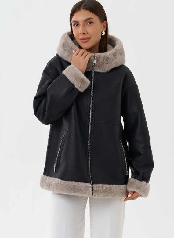 Женская эко дубленка с капюшоном