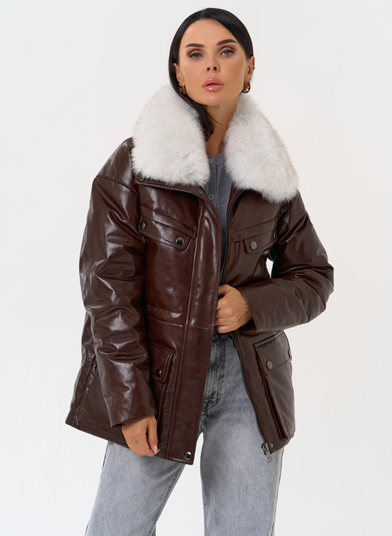 Коричневый кожаный пуховик