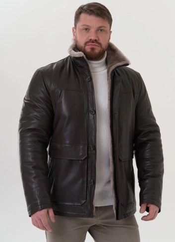 Пуховик из натуральной кожи с капюшоном фото
