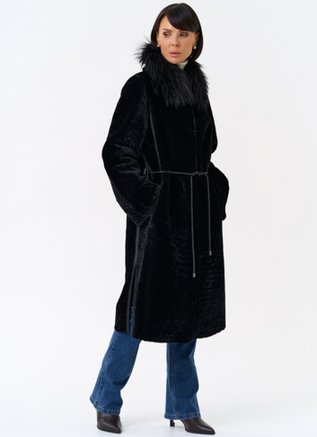 Женская двухстороняя дубленка с воротником из меха чернобурой лисы