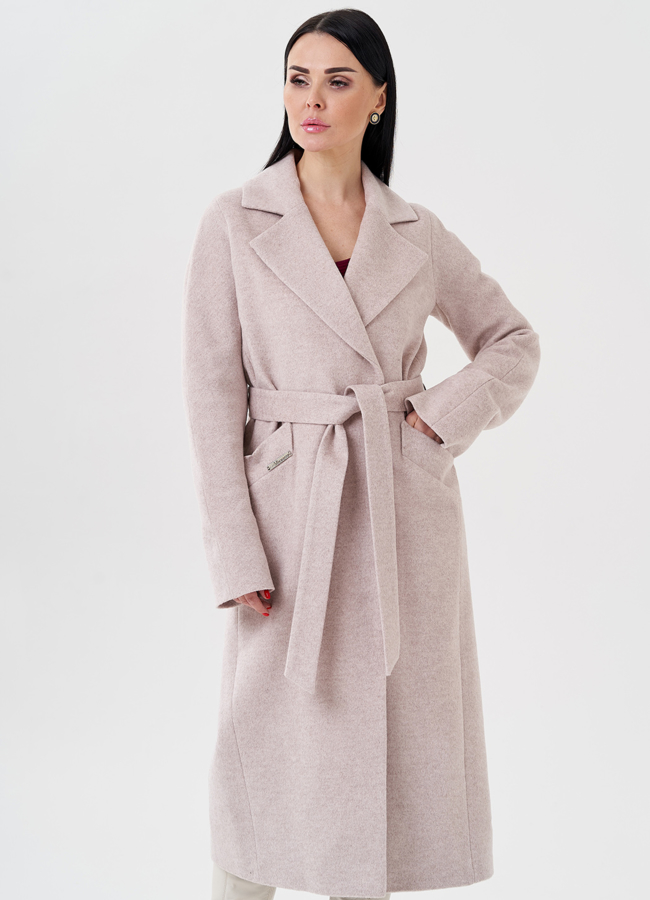 Светлое женское пальто с поясом модель № 23965 в рассрочку