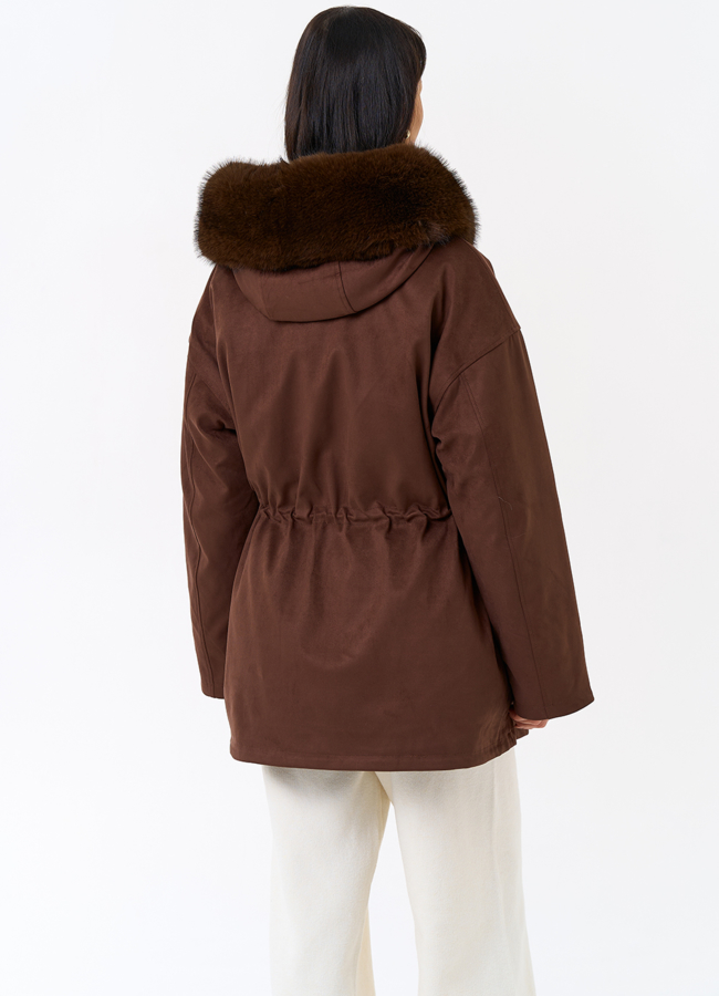 Женская парка из эко замши с капюшоном из эко меха модель № 31947 в кредит