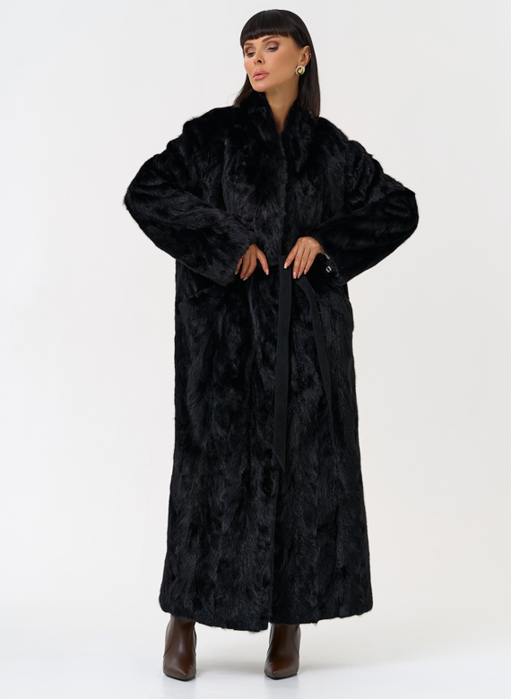 Длинная шуба из меха норки с поясом