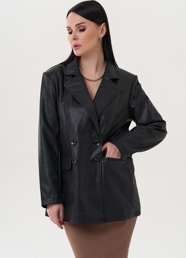 фото Пиджак черного цвета из эко кожи модель № 26745