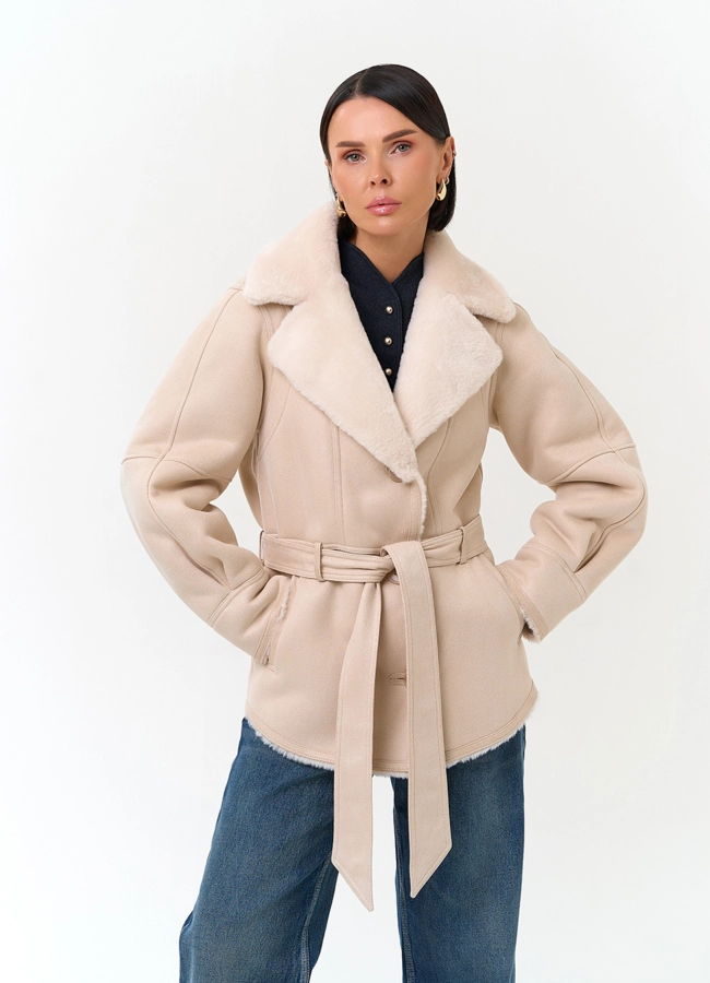 Женская дубленка из эко замши модель № 33886 универмаг малина