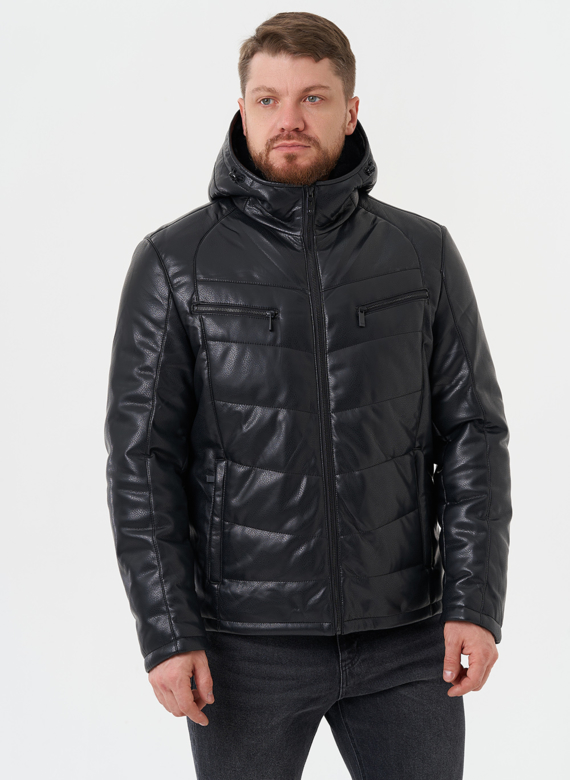 Утепленная куртка из эко кожи с капюшоном