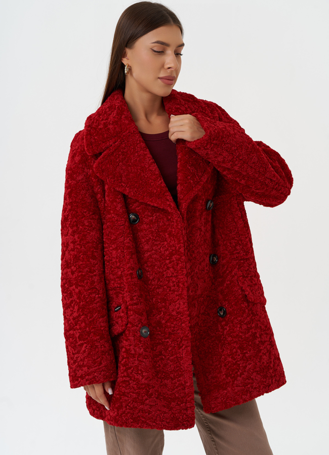 Яркое двубортное пальто с английским воротником модель № 28312 универмаг малина