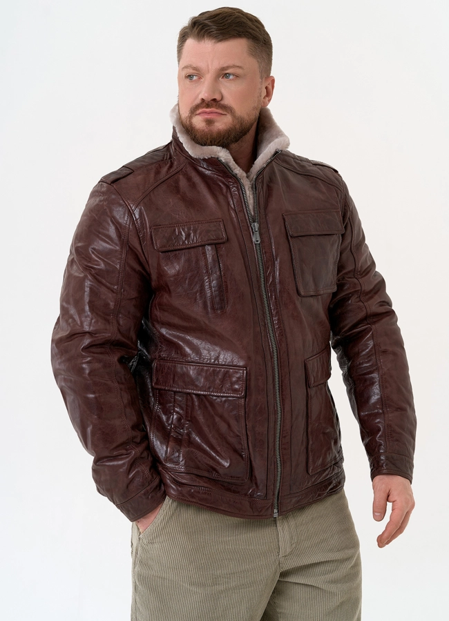 фото Куртка из натуральной кожи коричневого цвета модель № 31419