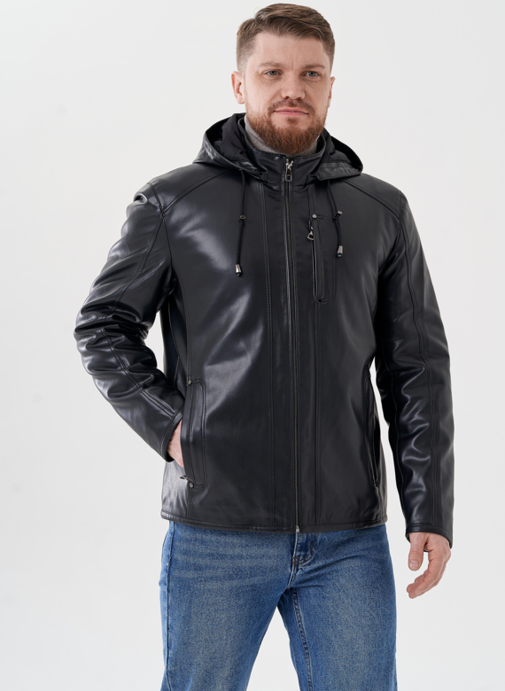 Мужская куртка из эко кожи с капюшоном 