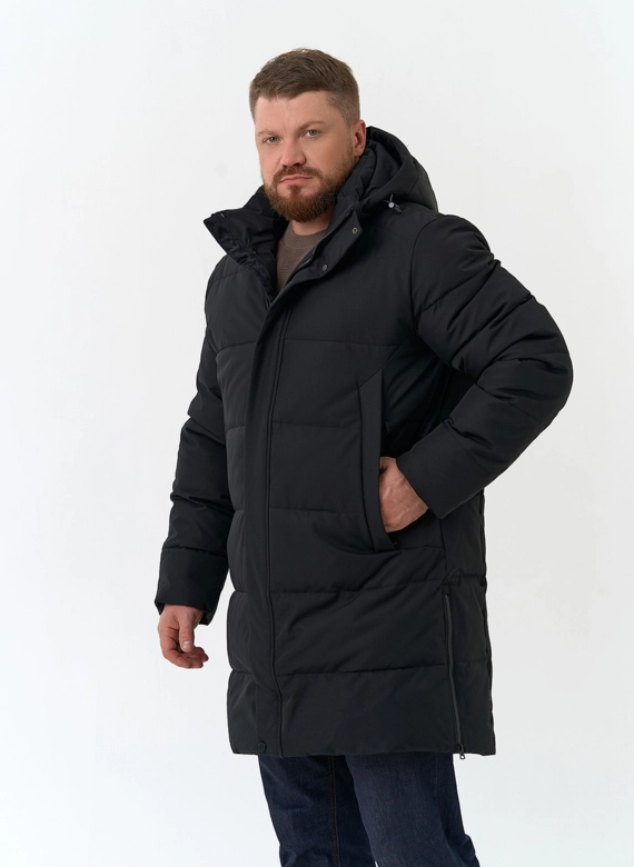Мужской удлиненный пуховик с капюшоном фото