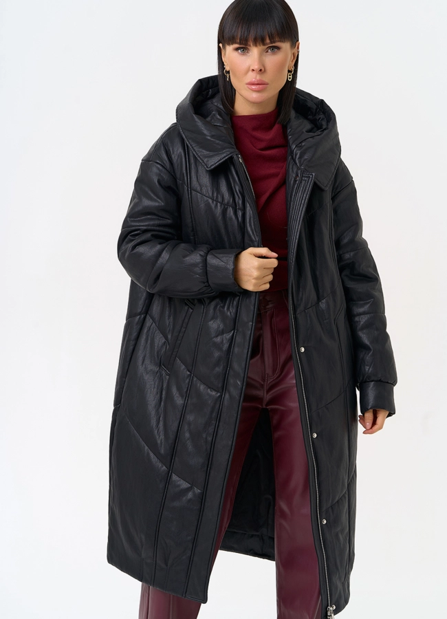 Женский пуховик из эко кожи со съемным эко мехом модель № 30718 универмаг малина