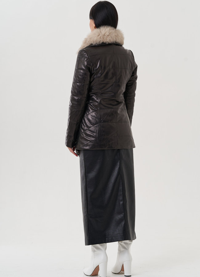 Кожаная куртка на пуговицах с английским воротником, отделка песец модель № 17811 в кредит