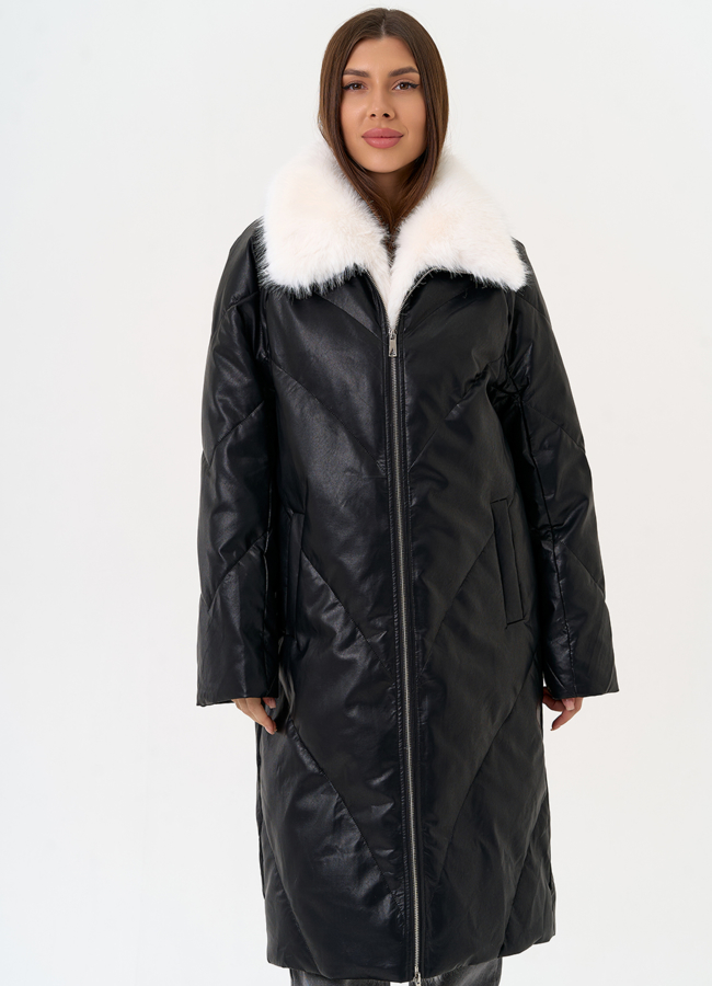 Женский пуховик из эко кожи с отделкой из эко меха модель № 30713 универмаг малина