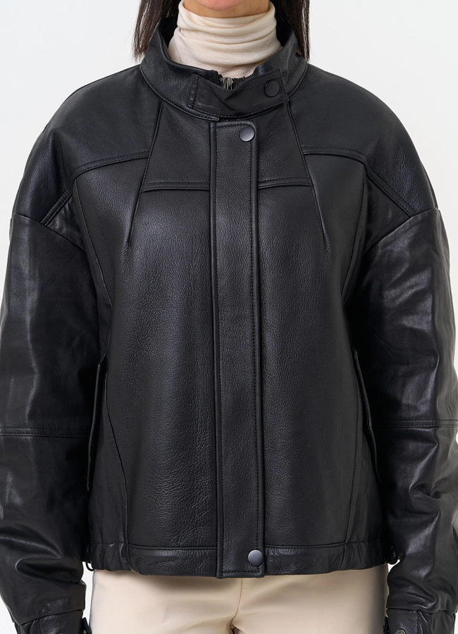 Женский пуховик из натуральной кожи черного цвета модель № 31691 универмаг малина