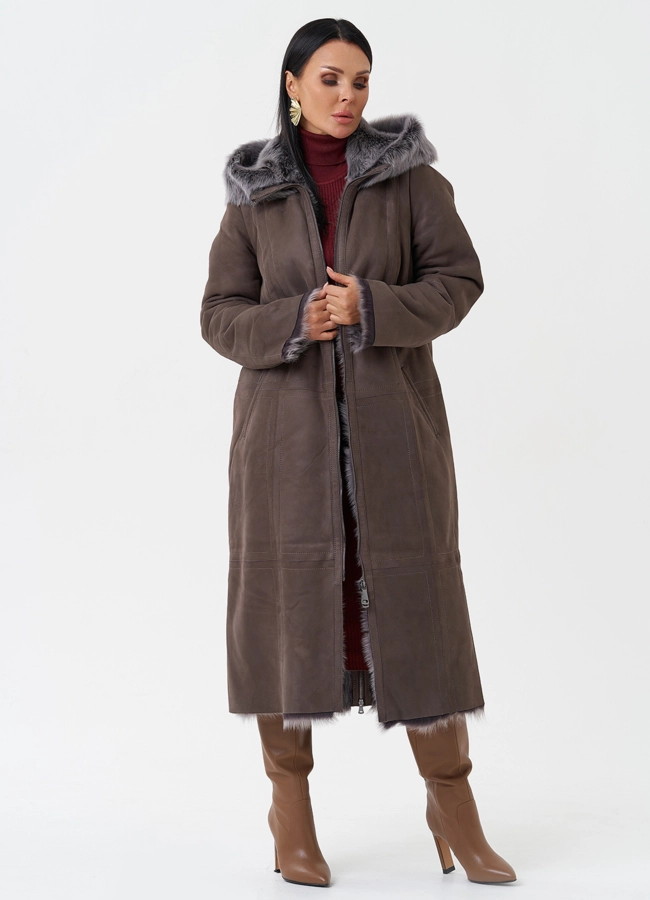 Дубленка с отделкой из тосканы с капюшоном модель № 28954 универмаг малина
