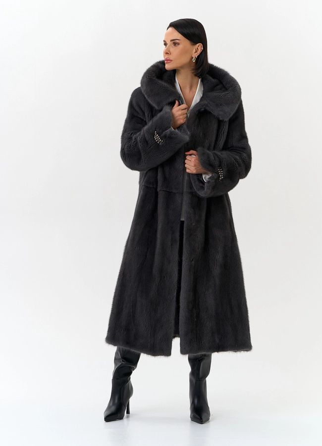 Женская шуба из меха норки с капюшоном модель № 32108 универмаг малина