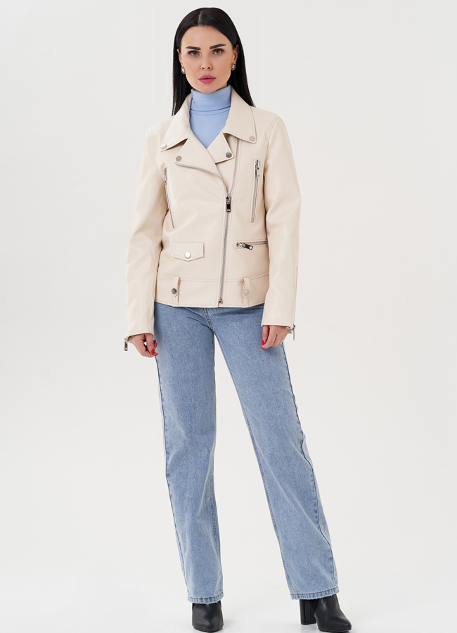 Светлая куртка косуха из эко кожи модель № 24218 меха малина