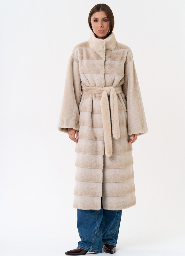 фото Женское пальто из эко меха с воротником стойкой модель № 31235