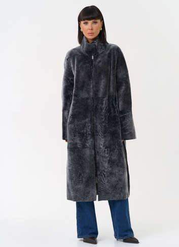 Женская двухсторонняя дубленка с воротником стойкой