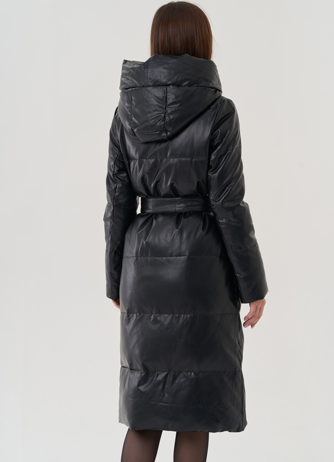 Женский пуховик из эко кожи с капюшоном модель № 24865 универмаг малина