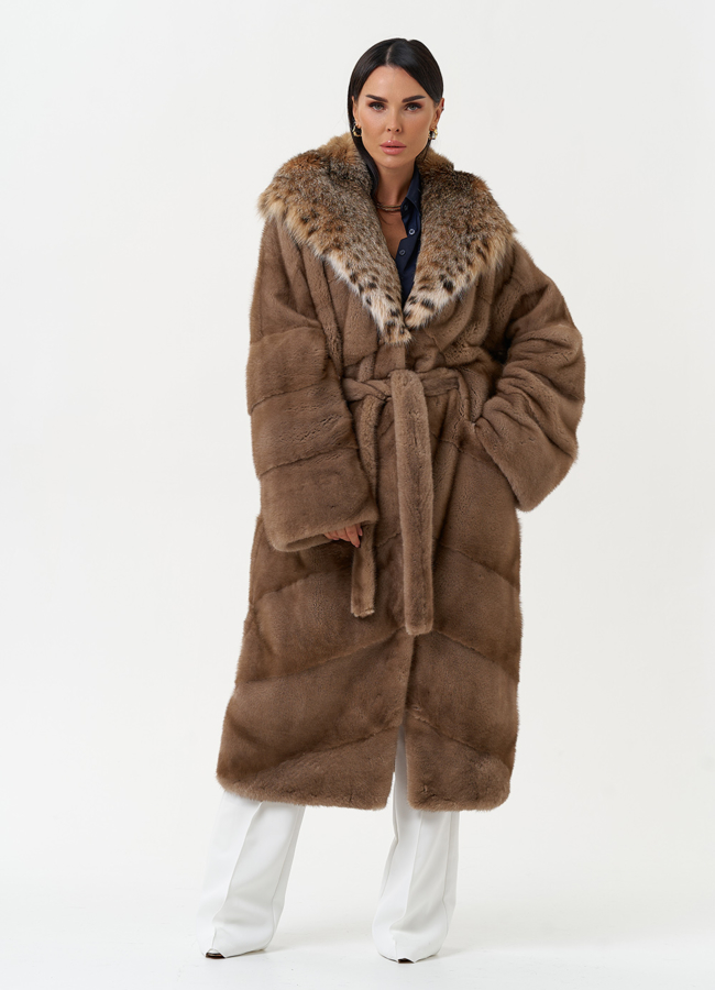 Женская шуба из меха норки с капюшоном из меха рыси модель № 31162 универмаг малина