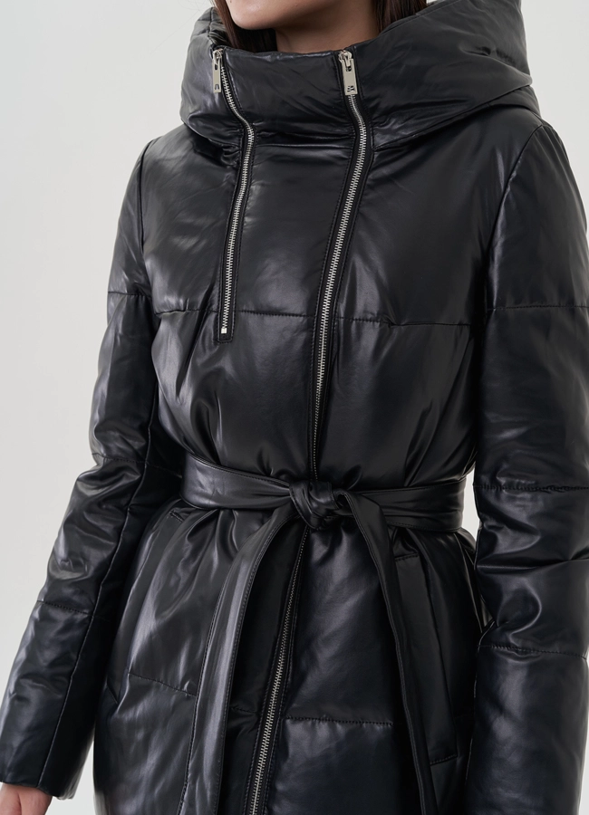Женский пуховик из эко кожи с капюшоном модель № 24865 универмаг малина